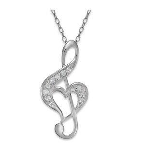 Sterling Silver Heart & Treble Clef Diamond Pendant Necklace - Silver New